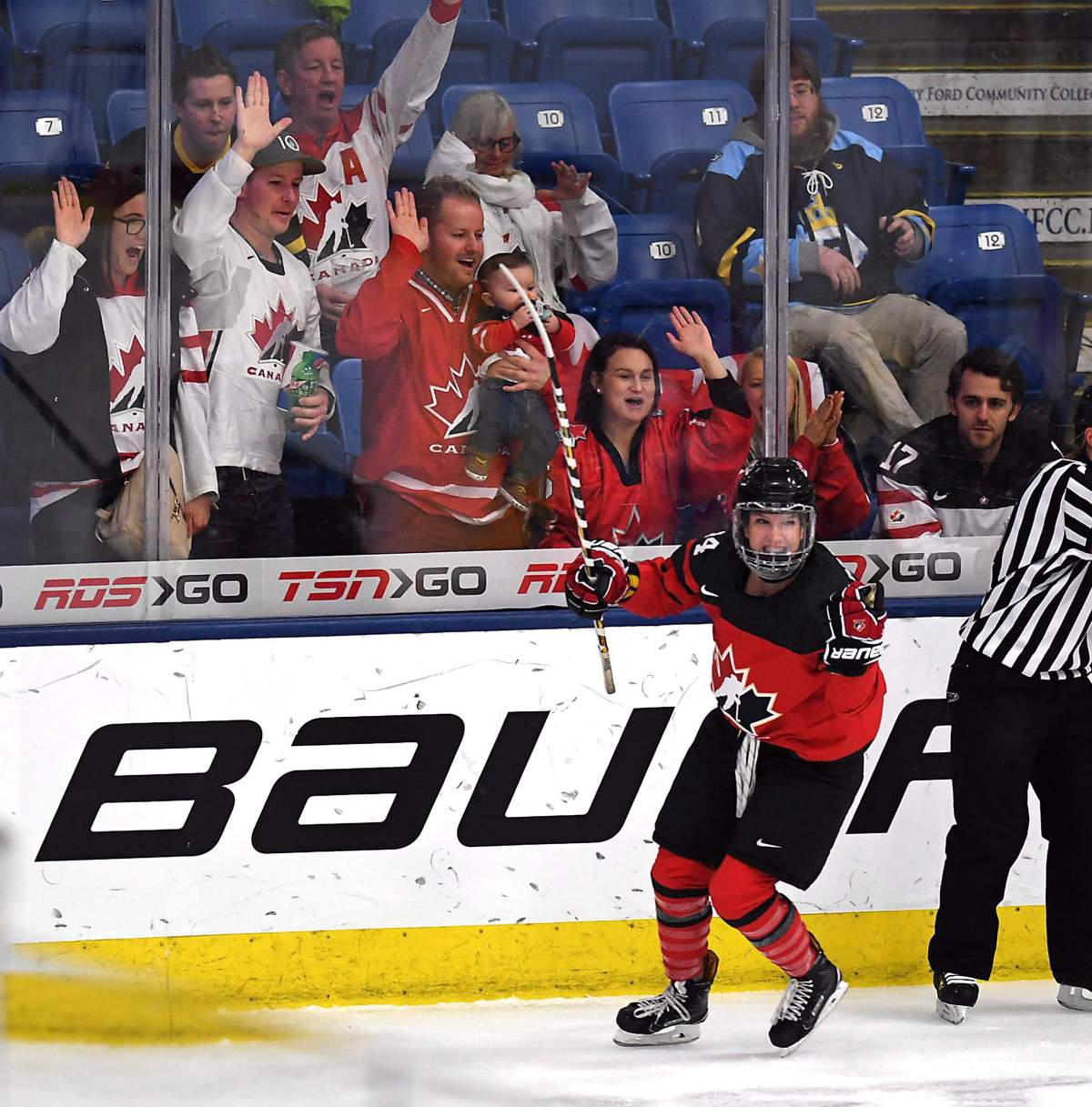 Canada's Sarah Potomak (44 ) celebrates her first period goal against Finland during the IIHF Ice Hockey Women's World Championship semifinal game in Plymouth, Mich., on Thursday, April 6, 2017. 