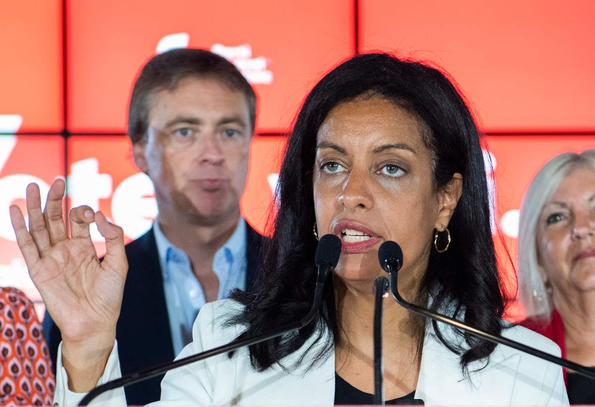 Quebec Liberal Party leader Dominique Anglade speaks at a supporters rally during an election campaign stop in Montreal, Sunday, August 28, 2022. Quebecers will go to the polls on October 3rd. THE CANADIAN PRESS/Graham Hughes