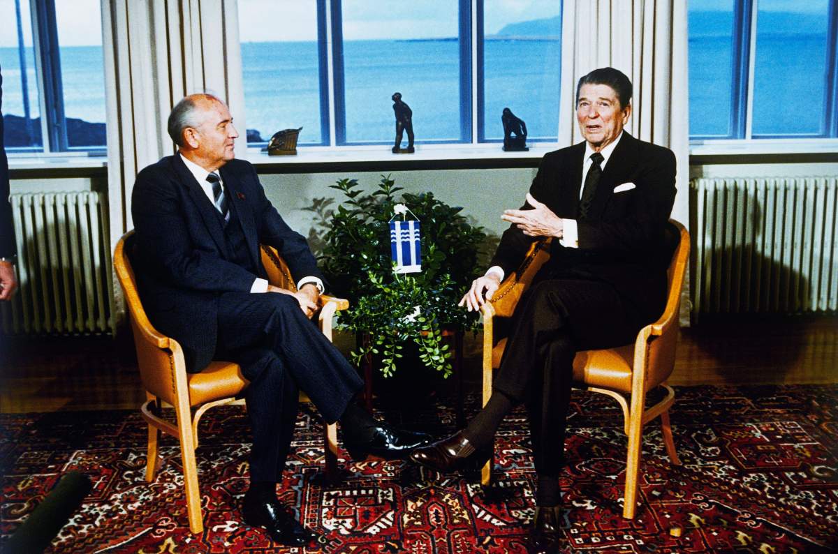 FILE – Soviet Leader Mikhail Gorbachev, left, and U.S. President Ronald Reagan talk during their meeting in Reykjavik, Iceland, Saturday, Oct. 11, 1986. Russian news agencies are reporting that former Soviet President Mikhail Gorbachev has died at 91. The Tass, RIA Novosti and Interfax news agencies cited the Central Clinical Hospital. (AP Photo/Scott Stewart, File)