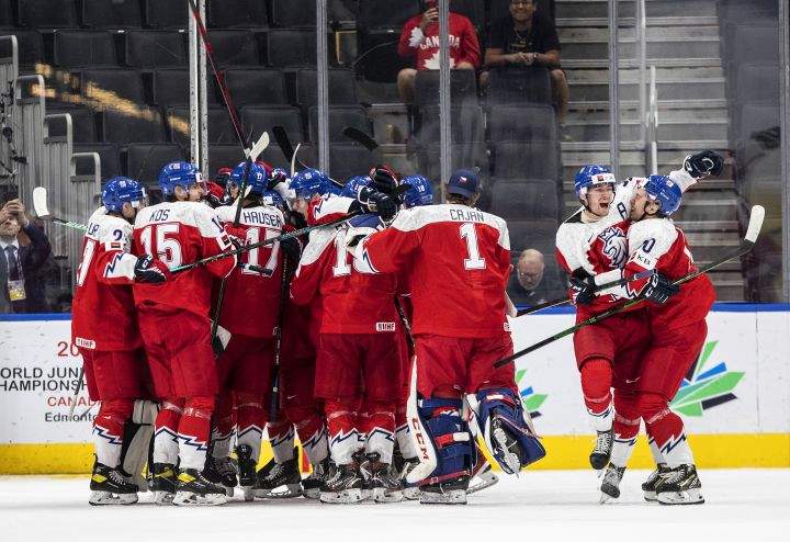 Czechia celebrate the win over USA during IIHF World Junior Hockey Championship quarterfinal action in Edmonton on Wednesday August 17, 2022.