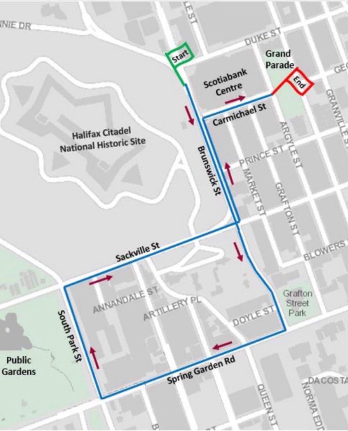The parade route for the Stanley Cup parade, which will begin on Aug. 20 at noon.