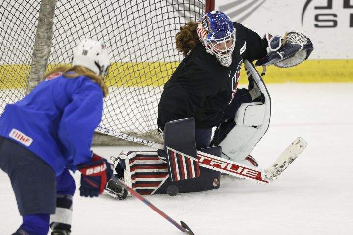 United States’ goalie Nicole Hensley blocks a shot during practice at the LECOM Harborcenter rink in Buffalo, N.Y., Tuesday, Aug. 16, 2022.