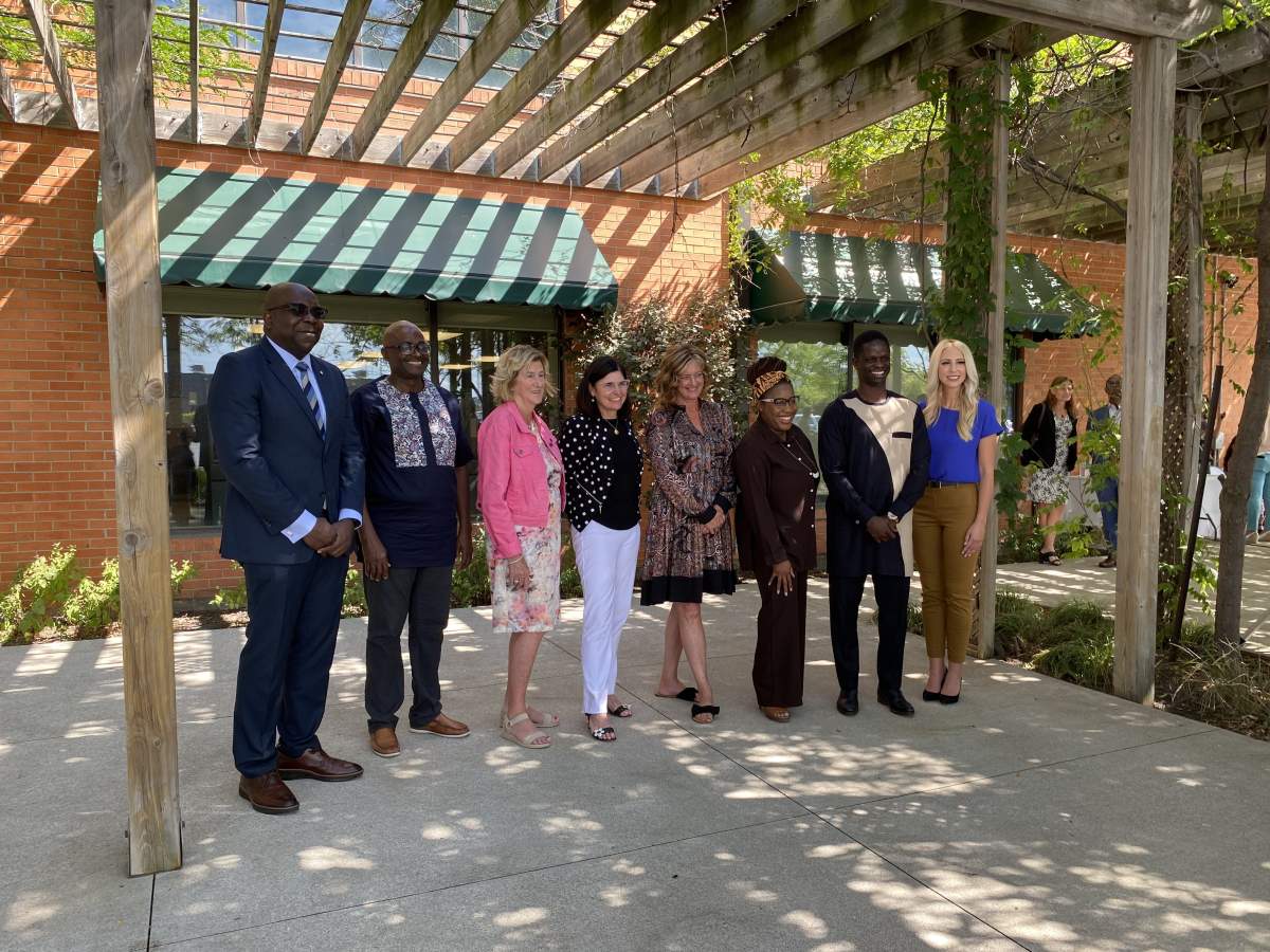 Dr. Bonny Ibhawoh, Claudius Thomas, Helena Jaczek, Filomena Tassi, Lisa Hepfner, Ashleigh Montague, Leo Nupolu Johnson, and Yvonne Pilon at the funding announcement for the the Southwestern Ontario Black Business Network.