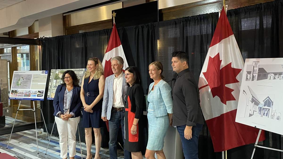 City manager Janette Smith, Ward 1 councillor Maureen Wilson, Mayor Fred Eisenberger, Hamilton West-Ancaster-Dundas MP Filomena Tassi, Hamilton Mountain MP Lisa Hepfner and Hamilton East-Stoney Creek MP Chad Collins at the announcement for $3.6 million in federal funding for community infrastructure and tourism projects in Hamilton.