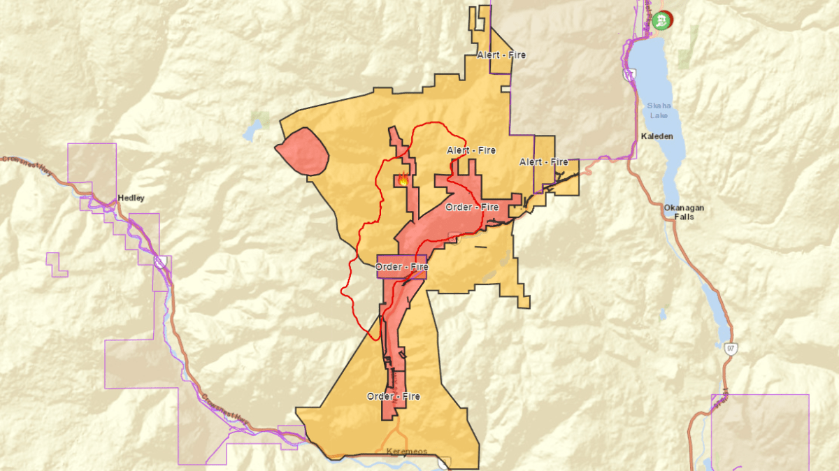 A map showing evacuation alerts in yellow and evacuation orders in red for the Keremeos Creek wildfire that’s burning around 21 kilometres southwest of Penticton.