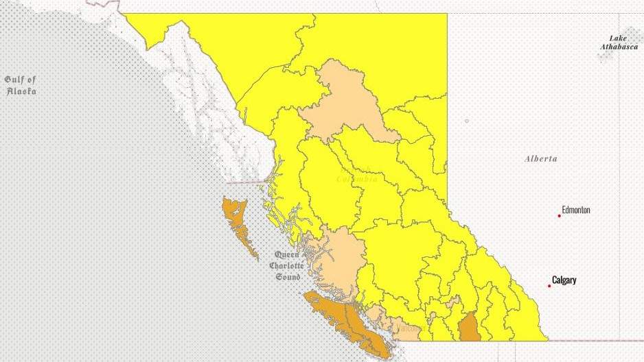 A map showing drought levels across British Columbia on Saturday, Aug. 27, 2022.