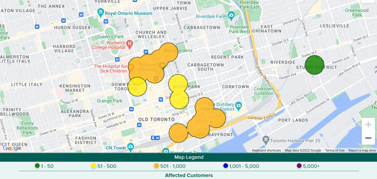 Toronto Hydro power outage map as of 1:45 p.m. on Thursday, Aug. 11, 2022.