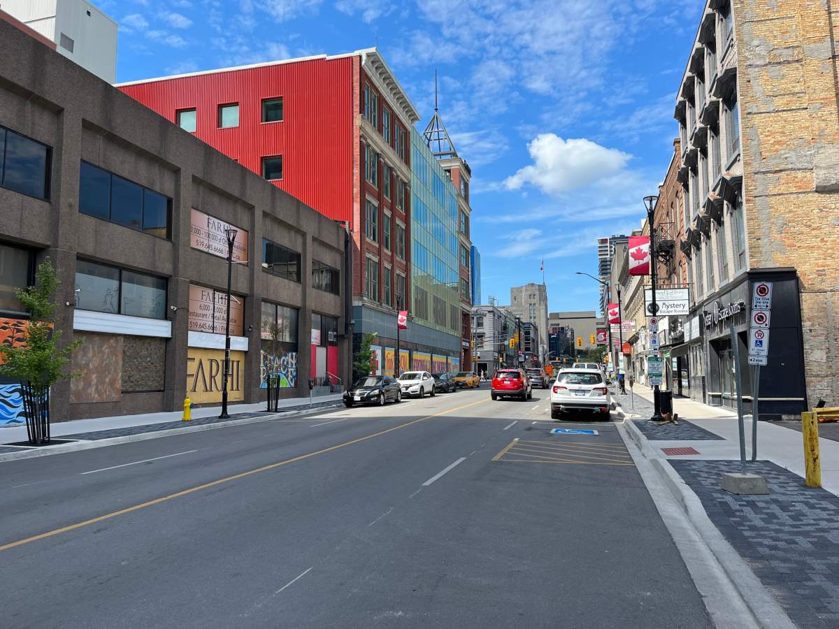 A city street on a sunny day.