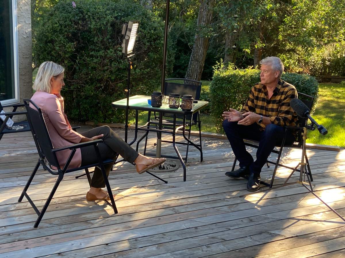 Global Edmonton anchor Gord Steinke speaks with reporter Kendra Slugoski on his last day with the station before retirement. Wednesday, Aug. 31, 2022.