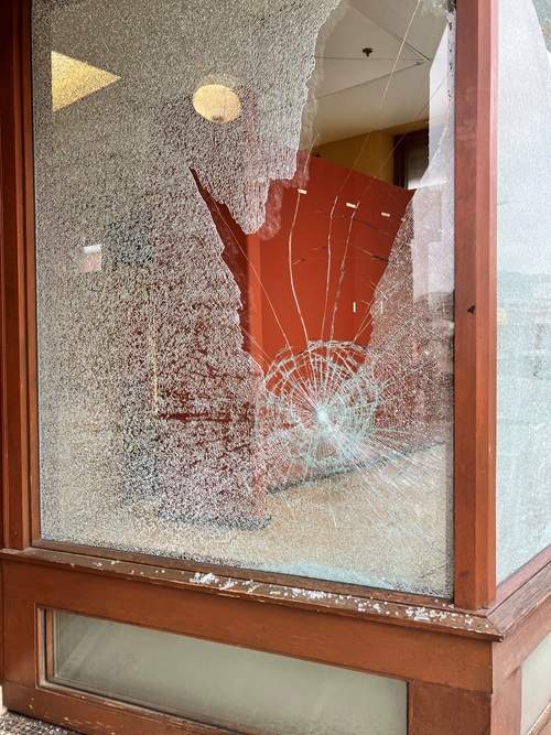 Windows at Hull Block in central Edmonton were broken sometime between Aug. 4 and Aug. 5, 2022.