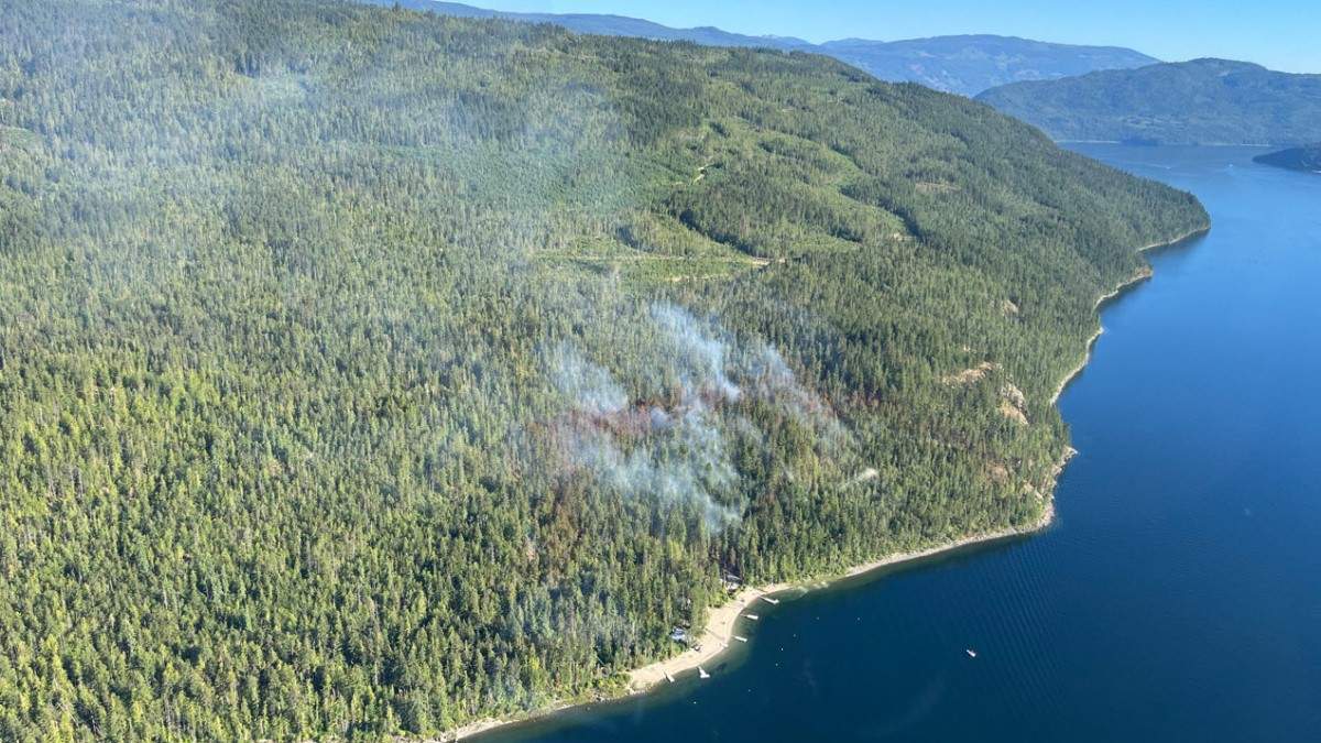 An aerial view of the Mount Grice-Hutchinson wildfire, a remote blaze that’s burning near the shores of Shuswap Lake.