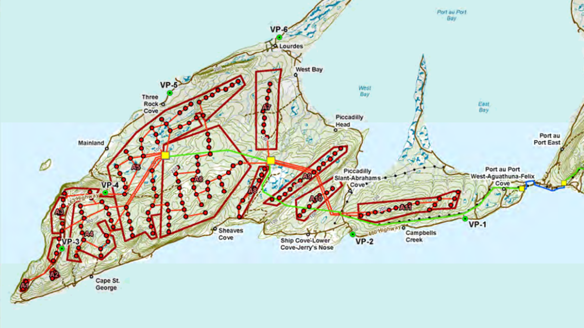 Wind turbines will cover the Port au Port peninsula in Western Newfoundland and Labrador once the wind-to-hydrogen project is complete. The project calls for 164 turbines in its first phase, with similar numbers in Phases 2 and 3.