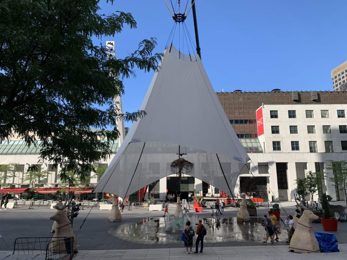 The 32nd edition of the International First Peoples Festival features a teepee at Place des Festivals in downtown Montreal. Thursday August 11th, 2022.