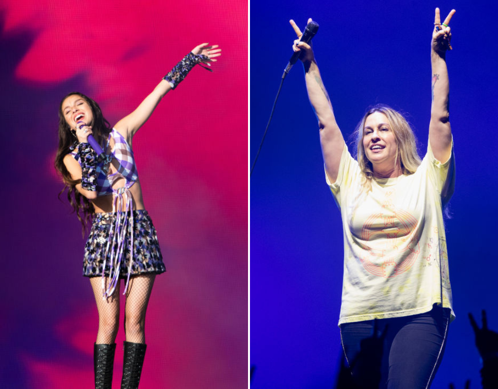 Olivia Rodrigo (left) and Alanis Morissette (right) performing on stage. Rodrigo will induct Morissette into the Canadian Songwriters Hall of Fame next month.