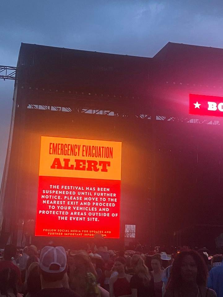 The grounds at the Boots and Hearts festival were temporarily evacuated on Sunday due to severe weather.