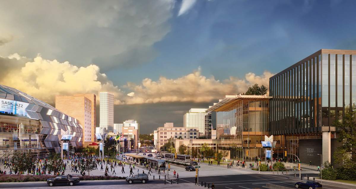 Concept art of the new downtown event centre-arena with the future bus rapid transit system.