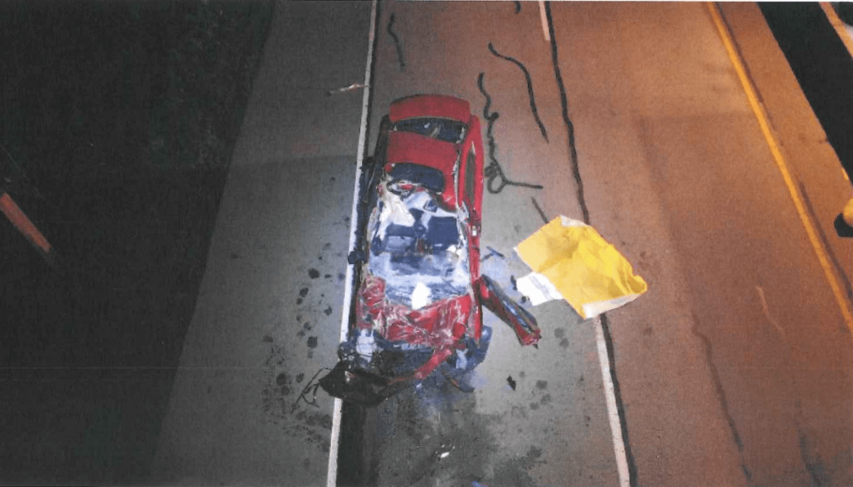 A drone photo of the wreckage of Joan Sherry’s vehicle at the scene of the October 2021 fatal collision on Highway 17A.