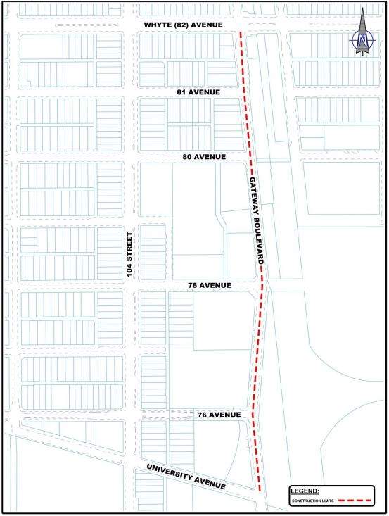 Road work on Gateway Boulevard between University Avenue and 80 Avenue begins Thursday, Aug. 18, 2022.