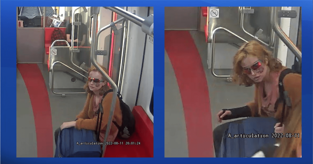 Calgary police are looking to speak with a woman shown in CCTV footage from a CTrain after two younger girls were victims of an alleged hate crime on Aug. 11, 2022.