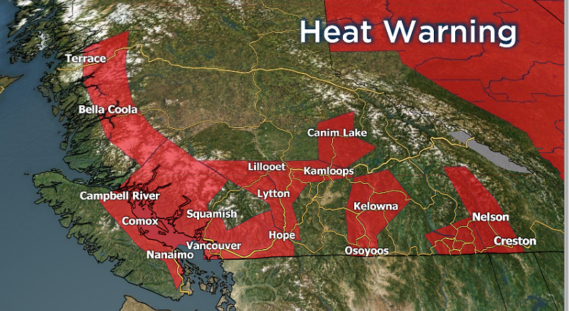 A map showing the current heat warnings across the province.
