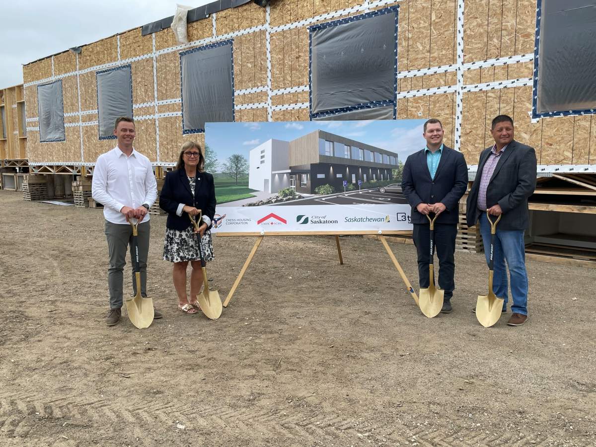3twenty Modular Cofounder Bryan McCrea; Parliamentary Secretary Annie Koutrakis; Tribal Chief Mark Arcand, Saskatoon Tribal Council; and Ian Carlson, Project Manager, 3twenty Modular.