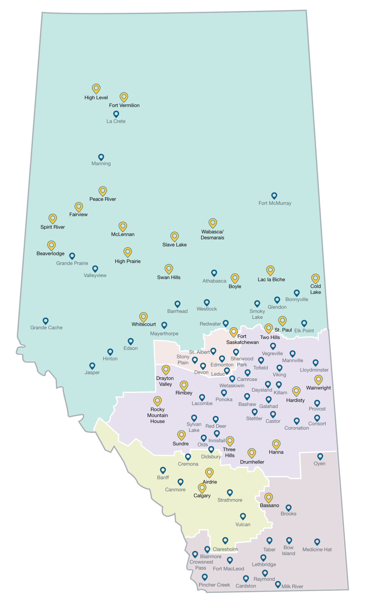An Alberta Health Services map showing temporary bed or space reduction (yellow indicators) as of Aug. 9, 2022.