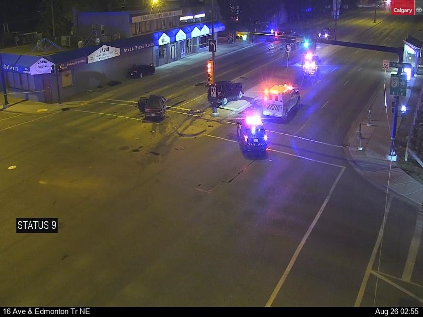Calgary police investigate a serious crash between three vehicles at the intersection of 16 Avenue NE and Edmonton Trail NE on Aug. 26, 2022.
