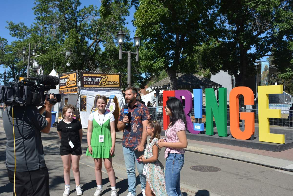 Four special guests from the Kids with Cancer Society joined anchor Carole Anne Devaney and meteorologist Jesse Beyer at the Edmonton International Fringe Theatre Festival Wednesday, Aug. 17, 2022 for a dream experience to be reporters for the day.