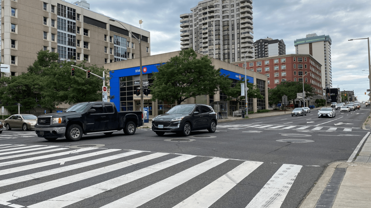 A photo of Main Street West at Bay Street South in Hamilton on Aug. 15, 2022.