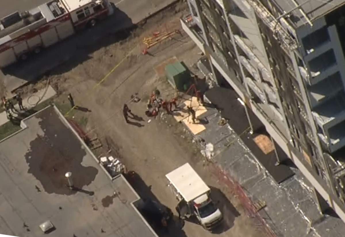 An aerial view of rescue efforts following a construction worker's fall down a hole on Aug. 31, 2022.