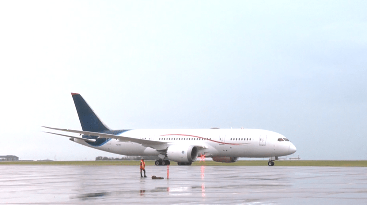 A Boeing 787 plane is photographed on July 4, 2022 in Regina, Sask. The flight transported 230 Ukrainian refugees from Warsaw, Poland to Saskatchewan.