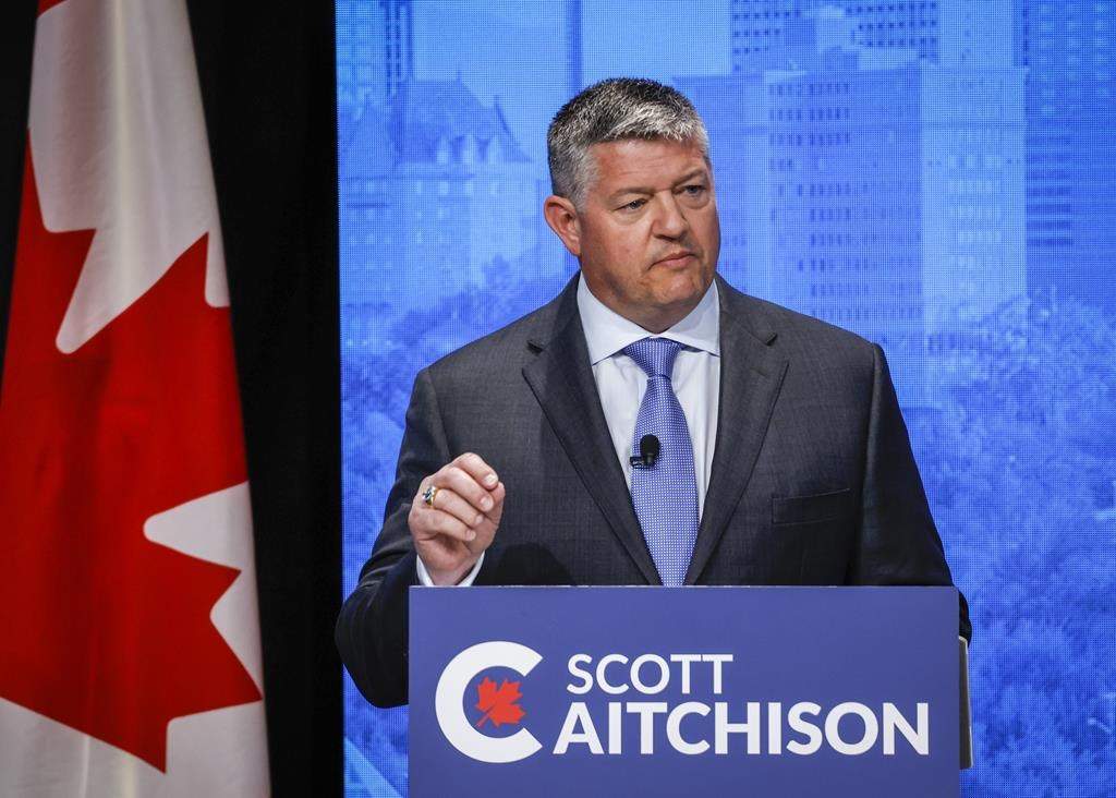 Conservative MP Scott Aitchison makes a point at the Conservative Party of Canada English leadership debate in Edmonton, Alta., Wednesday, May 11, 2022. 