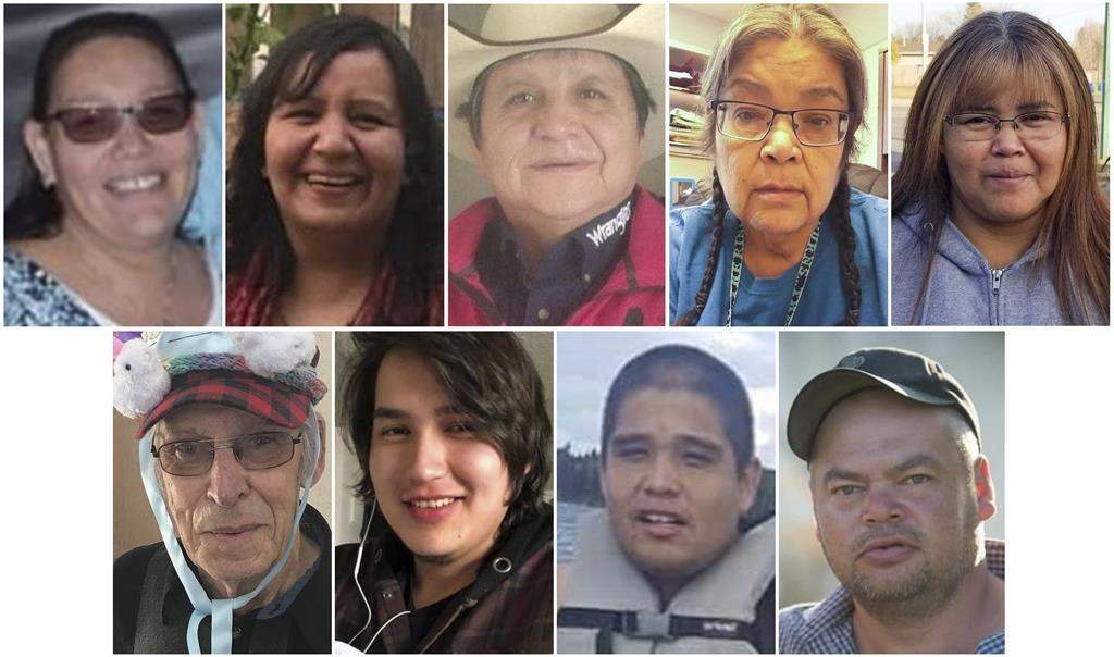Photos provided by RCMP show stabbing victims, from top left, Bonnie Burns, Carol Burns, Christian Head, Lydia Gloria Burns, and Lana Head. From bottom left, Wesley Petterson, Thomas Burns, Gregory Burns, and Robert Sanderson. THE CANADIAN PRESS