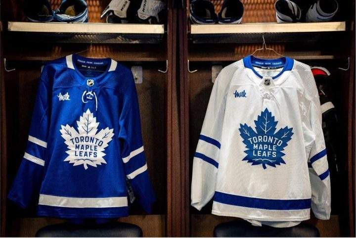 The Toronto Maple Leafs announced that Dairy Farmers of Ontario’s “Milk” patch, as shown in this handout image, will appear on all the team’s game sweaters starting this NHL season.