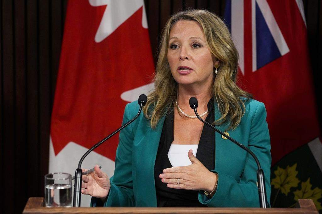 Ontario NDP MPP Marit Stiles speaks to the media following the Speech from the Throne at Queen's Park in Toronto, Tuesday, Aug. 9, 2022. The former school trustee and current education critic has launched her bid to lead the Ontario's New Democrats. 