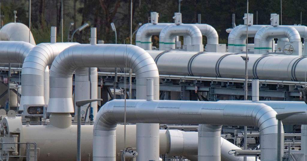 Pipe systems and shut-off devices at the gas receiving station of the Nord Stream 2 in Lubmin, Germany, Wednesday, Sept.28, 2022. Baltic Sea pipeline and the transfer station of the Eugal gas pipeline (foreground -European Gas Link. ()