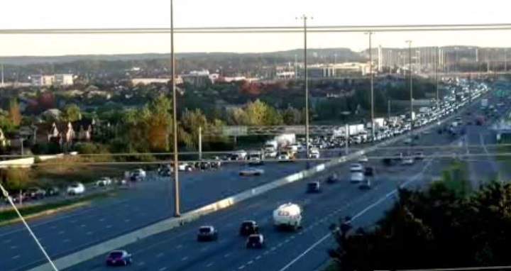 Traffic backlog following fatal collision in Highway 400 southbound near Rutherford Road on Sept. 30, 2022.