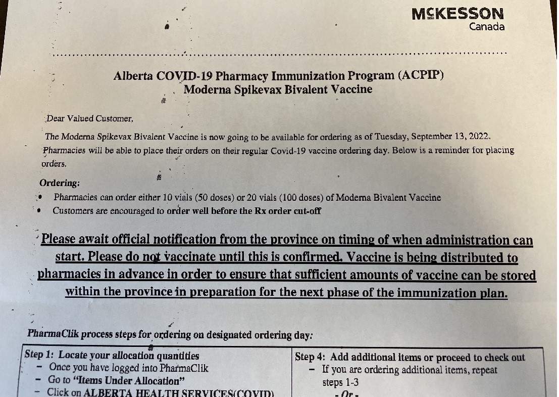 A memo sent to Alberta pharmacies from supplier McKesson announcing orders for doses of Moderna's bivalent vaccine opened on Tuesday, Sept. 13, 2022.