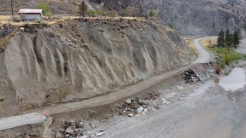 An aerial view of one of the reconnected sections of Highway 8 in B.C.’s Southern Interior.