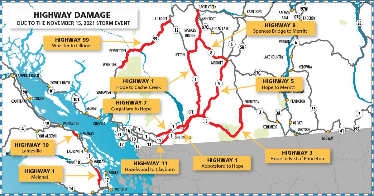 A map from the province showing what highways were damaged from last November’s rainstorms.