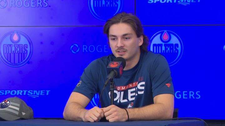 Xavier Bourgault speaks to reporters at Rogers Place on Sep. 14, 2022.