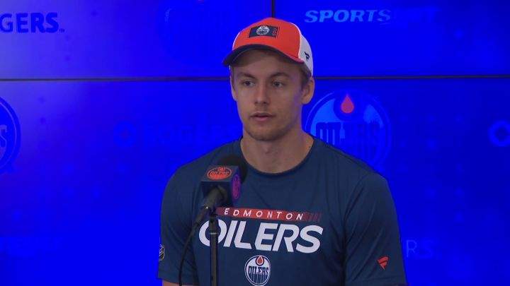 Philip Broberg speaks to reporters at Rogers Place on Sept. 14, 2022.