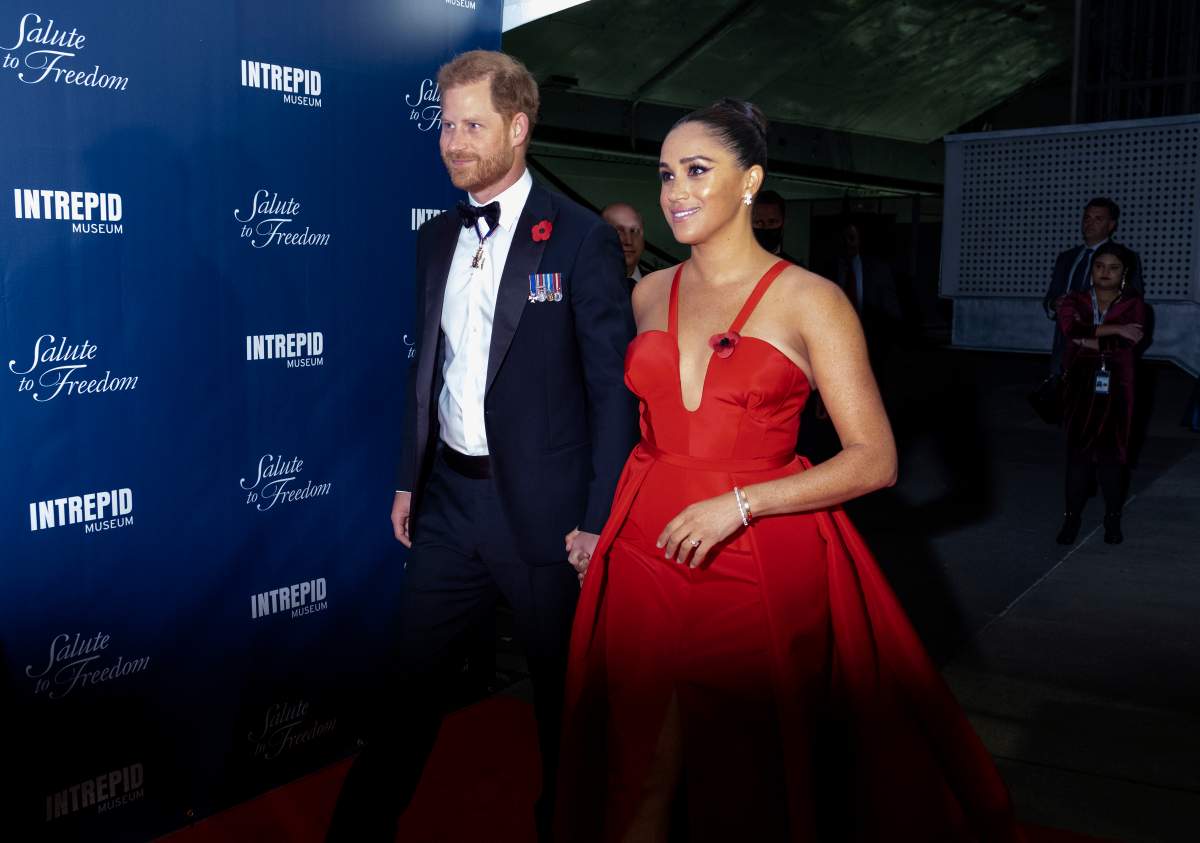Britain’s Prince Harry and Meghan Markle, Duke and Duchess of Sussex, arrive at the Intrepid Sea, Air & Space Museum for the Salute to Freedom Gala Wednesday, Nov. 10, 2021, in New York. The Duke of Sussex will also present the inaugural Intrepid Valour Award to five service members, veterans and their military families.