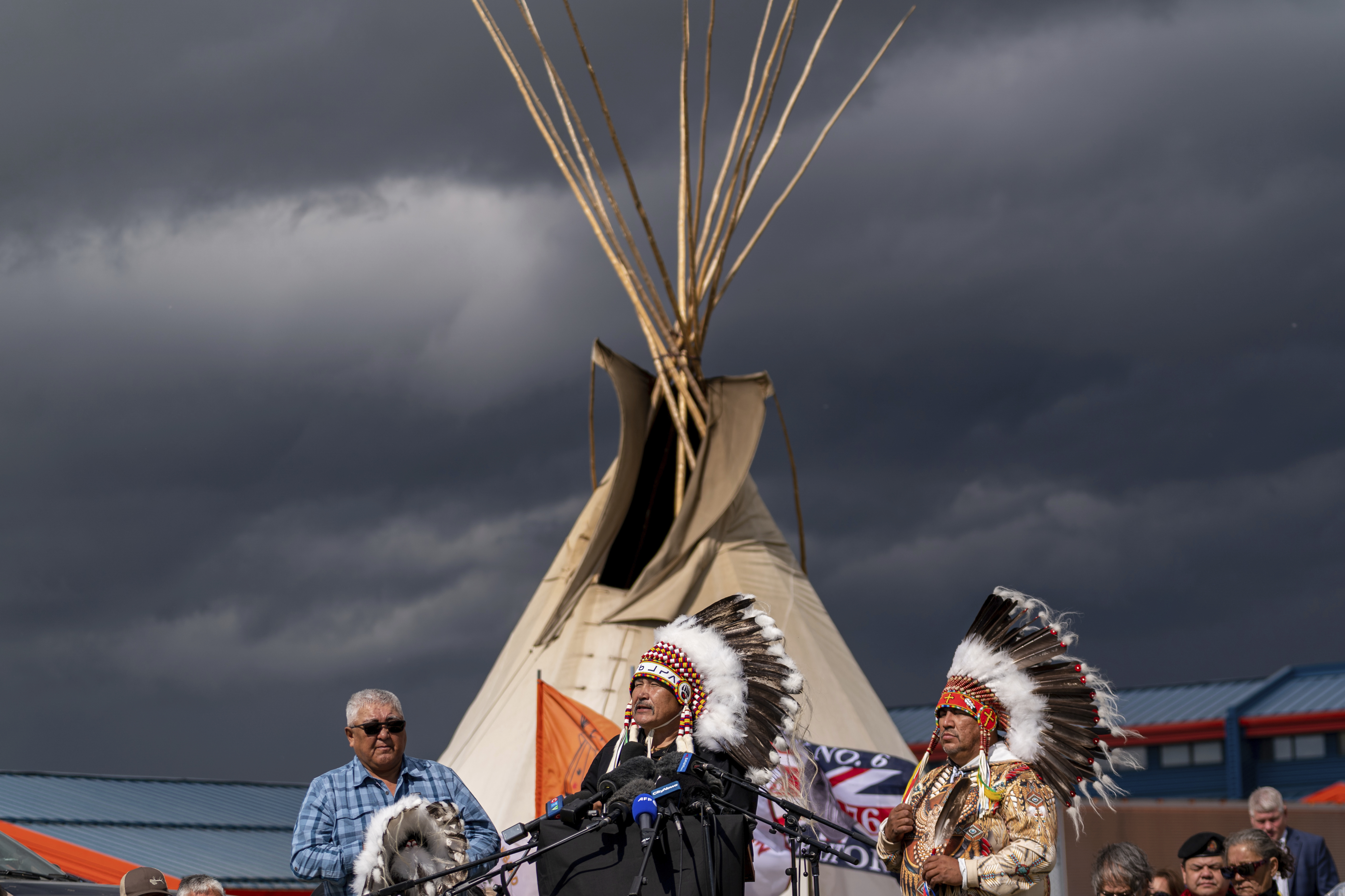 Prince Albert Grand Council Grand Chief Brian Hardlotte speaks at a press conference about the mass stabbings in Saskatchewan last week. (Heywood Yu/The Canadian Press via AP).