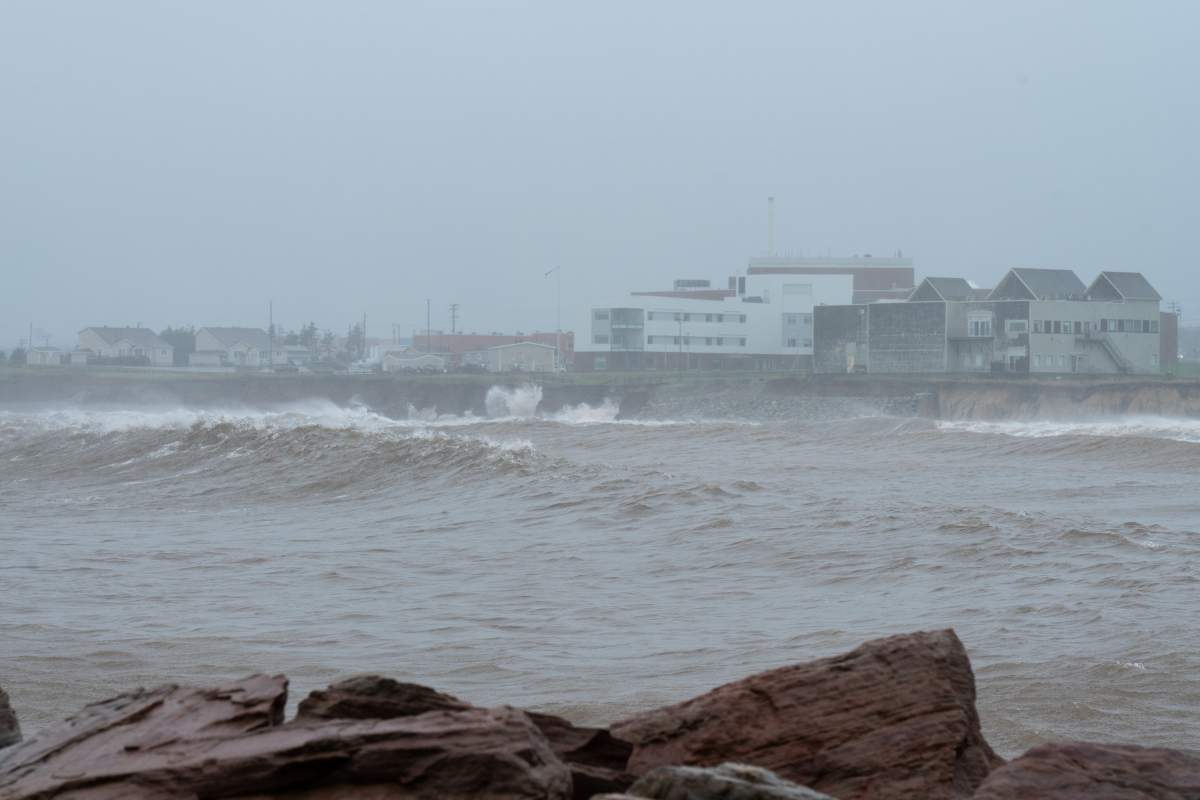The coastline of Cap-aux-Meules is battered by heavy waves from post-tropical storm Fiona on the Les Îles-de-la-Madeleine, Que., Saturday, Sept. 24, 2022. Coastal flooding remains a threat for parts of Nova Scotia, Prince Edward Island including the Northumberland Strait, the Gulf of St. Lawrence region including Iles-de-la-Madeleine and eastern New Brunswick, southwest Newfoundland, the St. Lawrence Estuary and the Quebec Lower North Shore. THE CANADIAN PRESS/Nigel Quinn