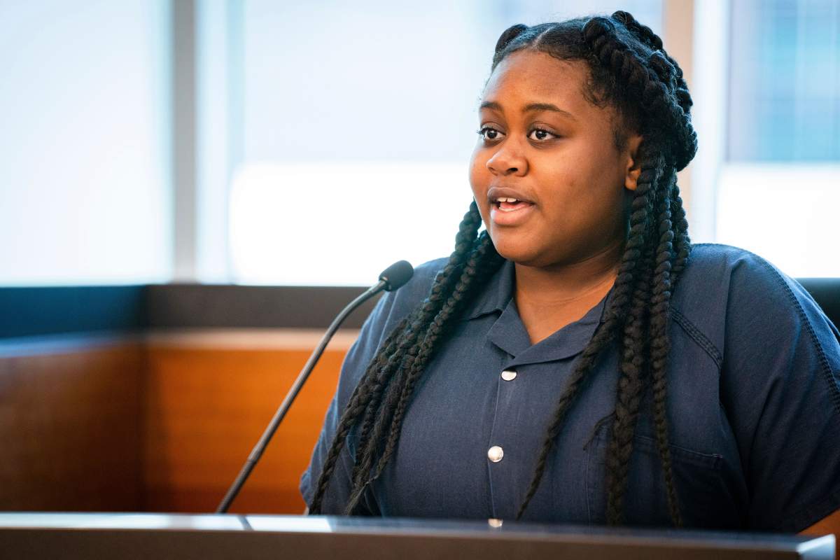 Pieper Lewis gives her allocution during a sentencing hearing, Tuesday, Sept. 13, 2022, in Des Moines, Iowa.