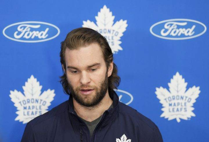 Toronto Maple Leafs goaltender Jack Campbell speaks to the media after being eliminated in the first round of the NHL Stanley Cup playoffs during a press conference in Toronto on Tuesday, May 17, 2022.