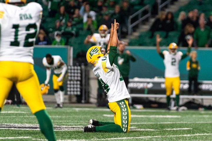 Edmonton Elks kicker Sergio Castillo (14) celebrates after scoring the game-winning field goal against the Saskatchewan Roughriders during the second half of CFL football action at Mosaic Stadium in Regina, Sask., on Friday, September 16, 2022. 