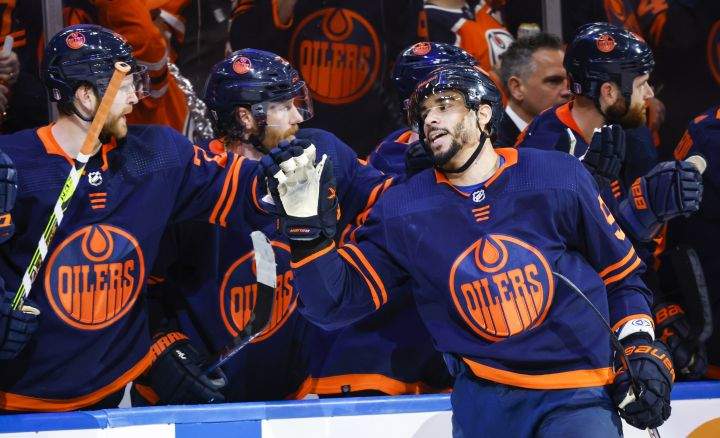 Edmonton Oilers winger Evander Kane (91) celebrates his goal during first period NHL second-round playoff hockey action against the Calgary Flames in Edmonton, Tuesday, May 24, 2022.
