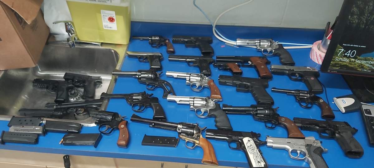 The collection of handguns Strathmore RCMP seized following a road rage incident on Sept. 10, 2022.